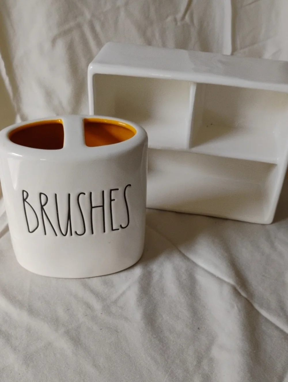 Rae dunn Ceramic Brush Holder with Gold Interior - And Trinket Dish- Home Bath
